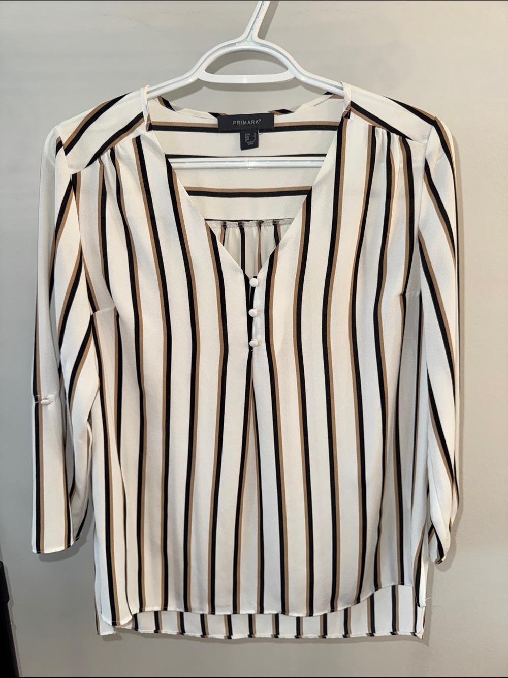 Primark White Blouse with Black and Brown Vertical Stripes